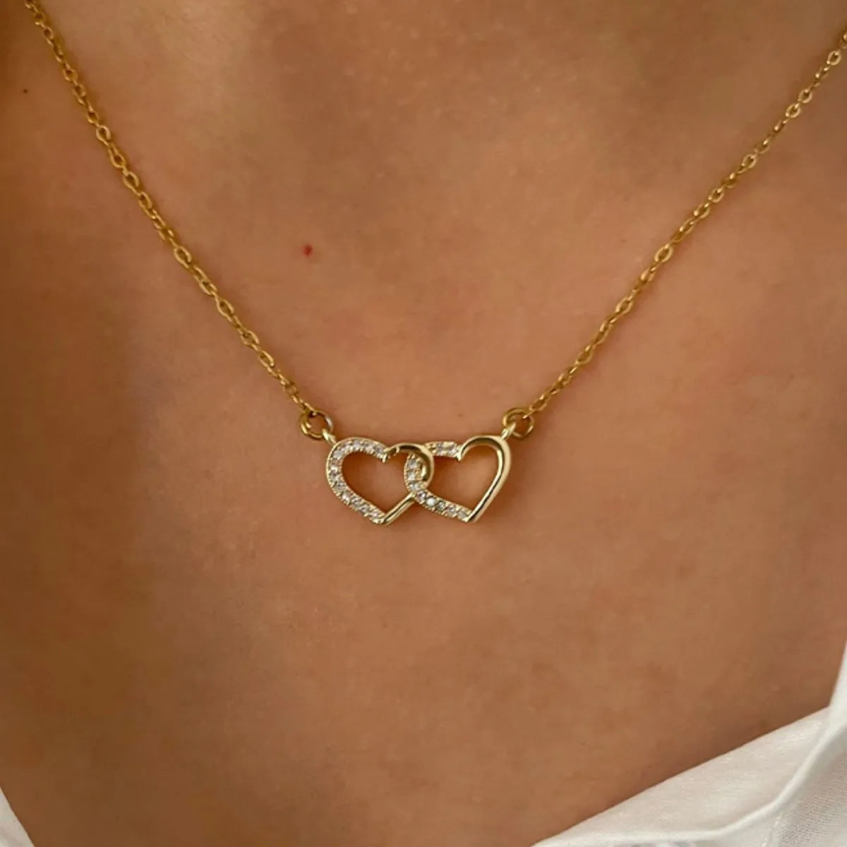 18K Gold-Plated Double Heart Inlaid Zircon Necklace OutfitFlow