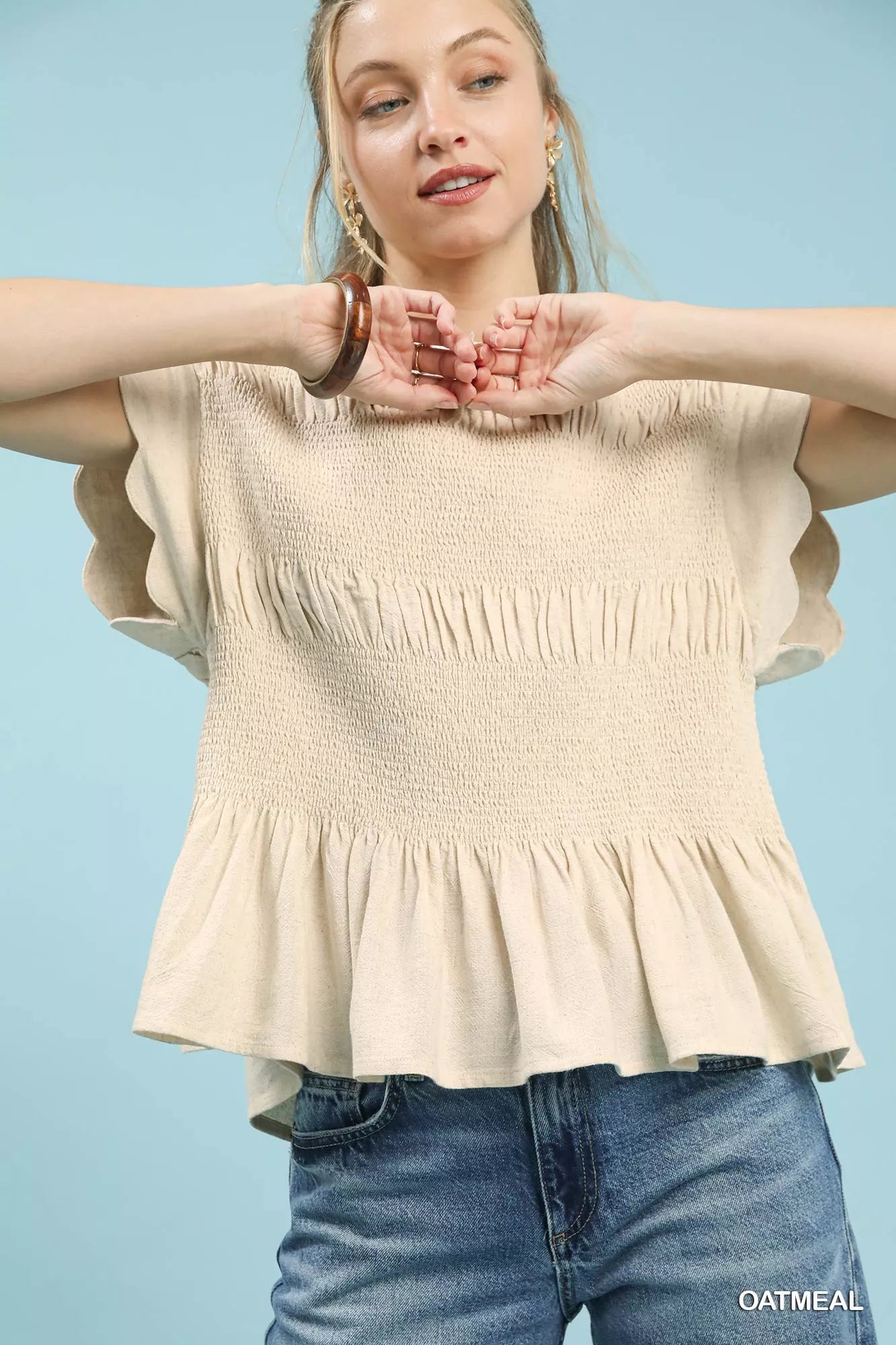 Umgee Linen Blend Smocked Peplum Blouse OATMEAL OutfitFlow