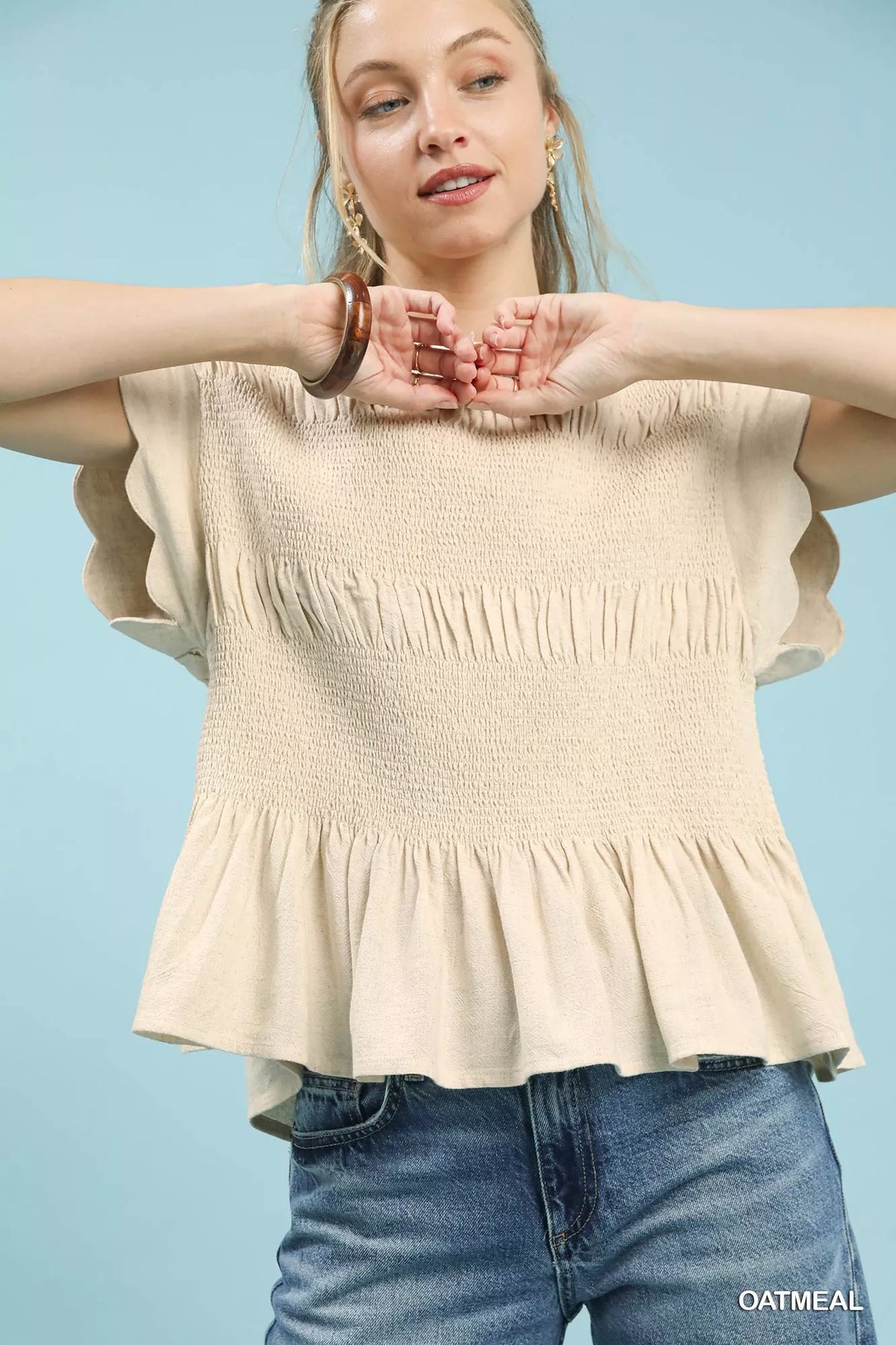 Umgee Linen Blend Smocked Peplum Blouse OATMEAL OutfitFlow