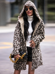 Shiny Leopard Hooded Coat with Pockets OutfitFlow