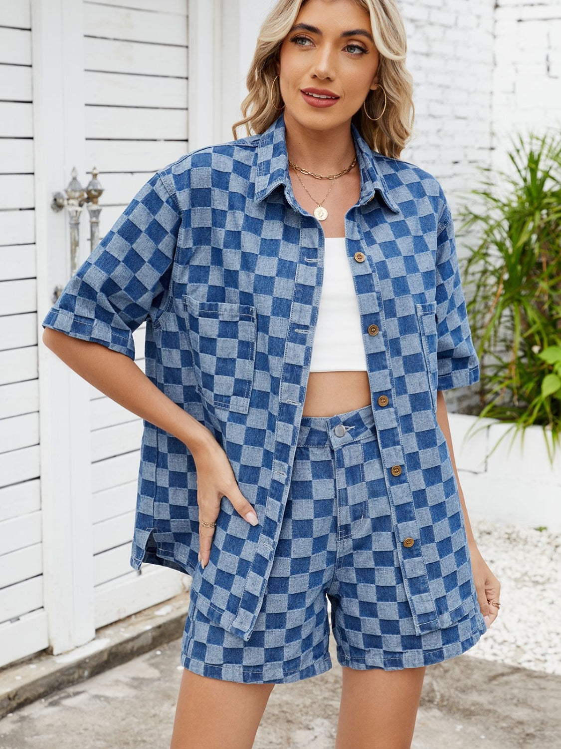 Checkered Shirt and Shorts Denim Set OutfitFlow