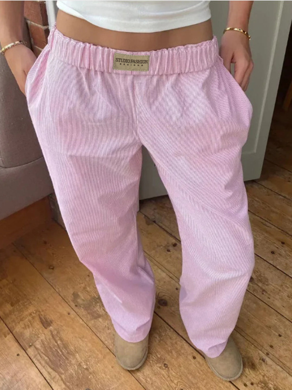 Elastic Waist Wide Leg Pants Pink OutfitFlow