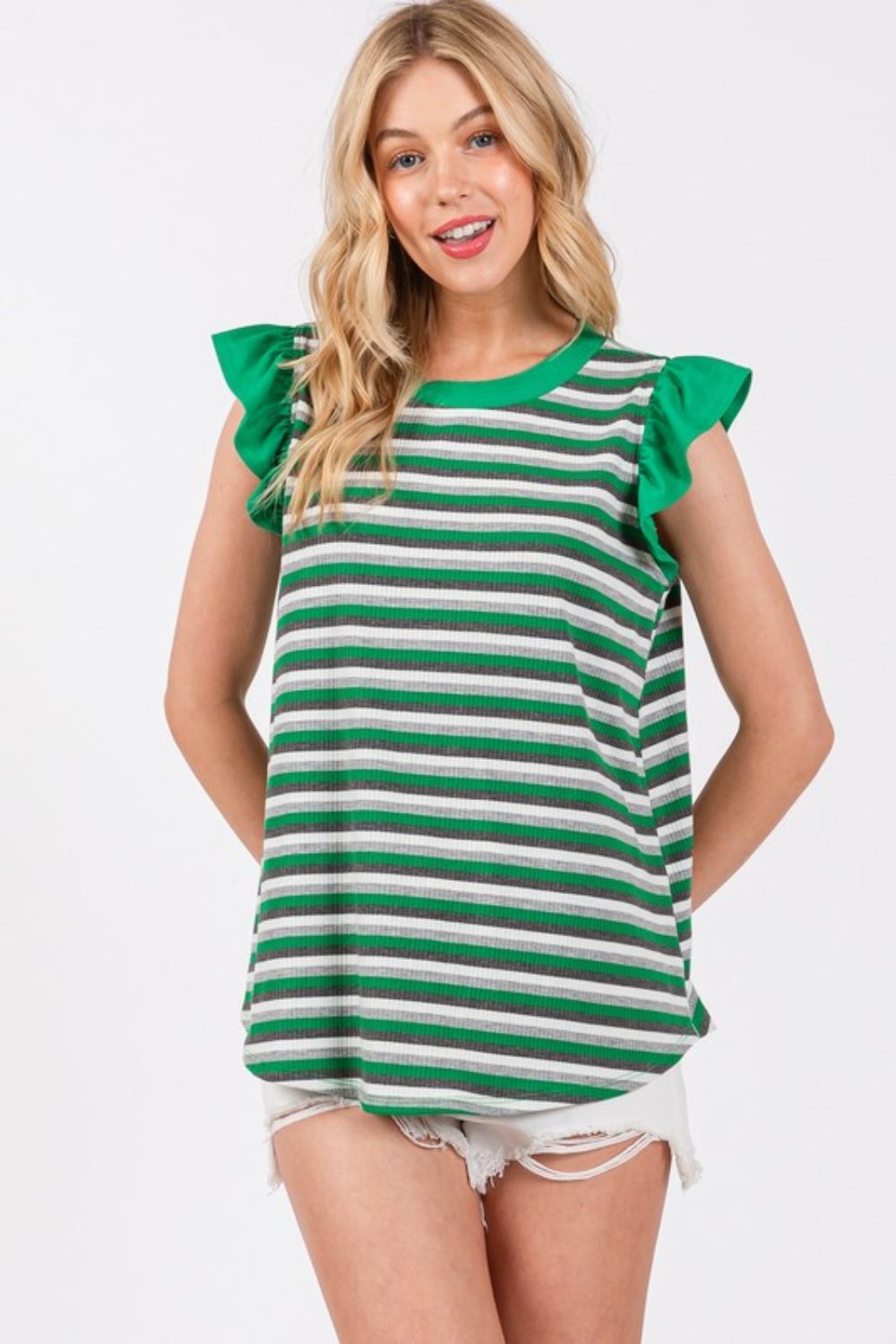 Ces Femme Striped Round Neck Ruffled Cap Sleeve Top