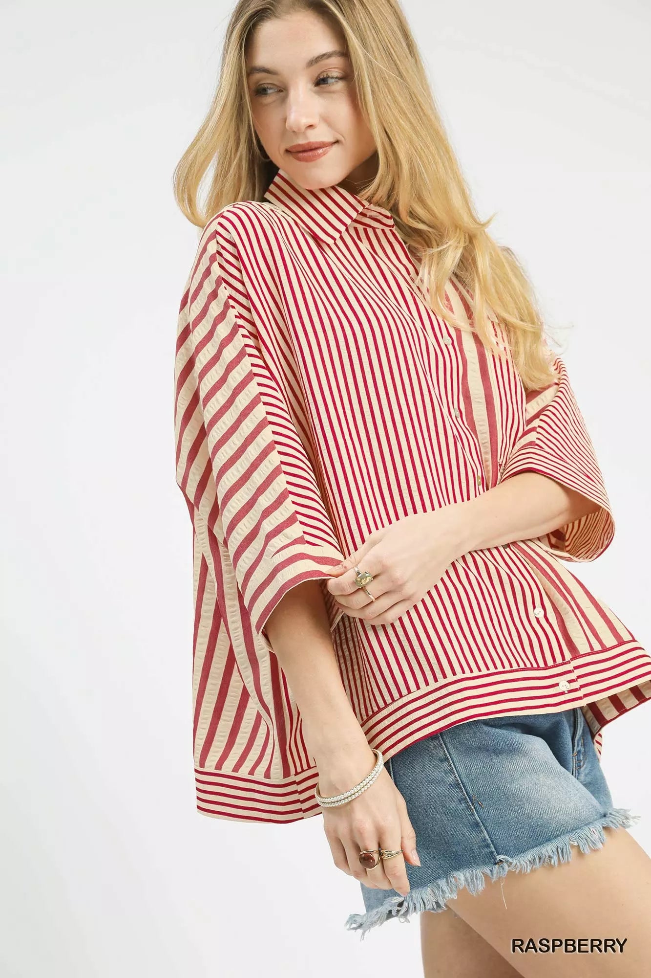 Umgee Mixed Stripe Oversized Button Down Top OutfitFlow