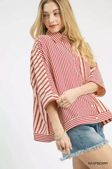 Umgee Mixed Stripe Oversized Button Down Top OutfitFlow