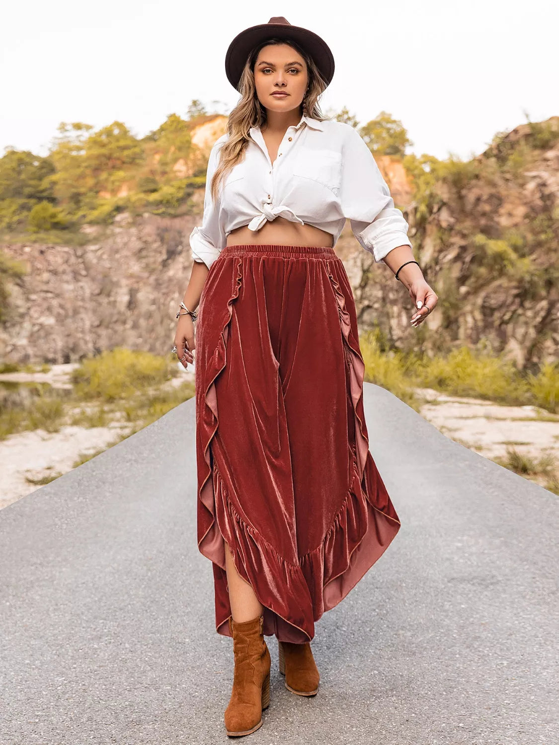 Plus Size Velvet Ruffle Hem Wide Leg Pants OutfitFlow
