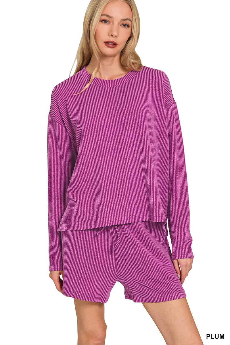 Zenana Corded Rib Long Sleeve Tee and Shorts Set PLUM Trendsi