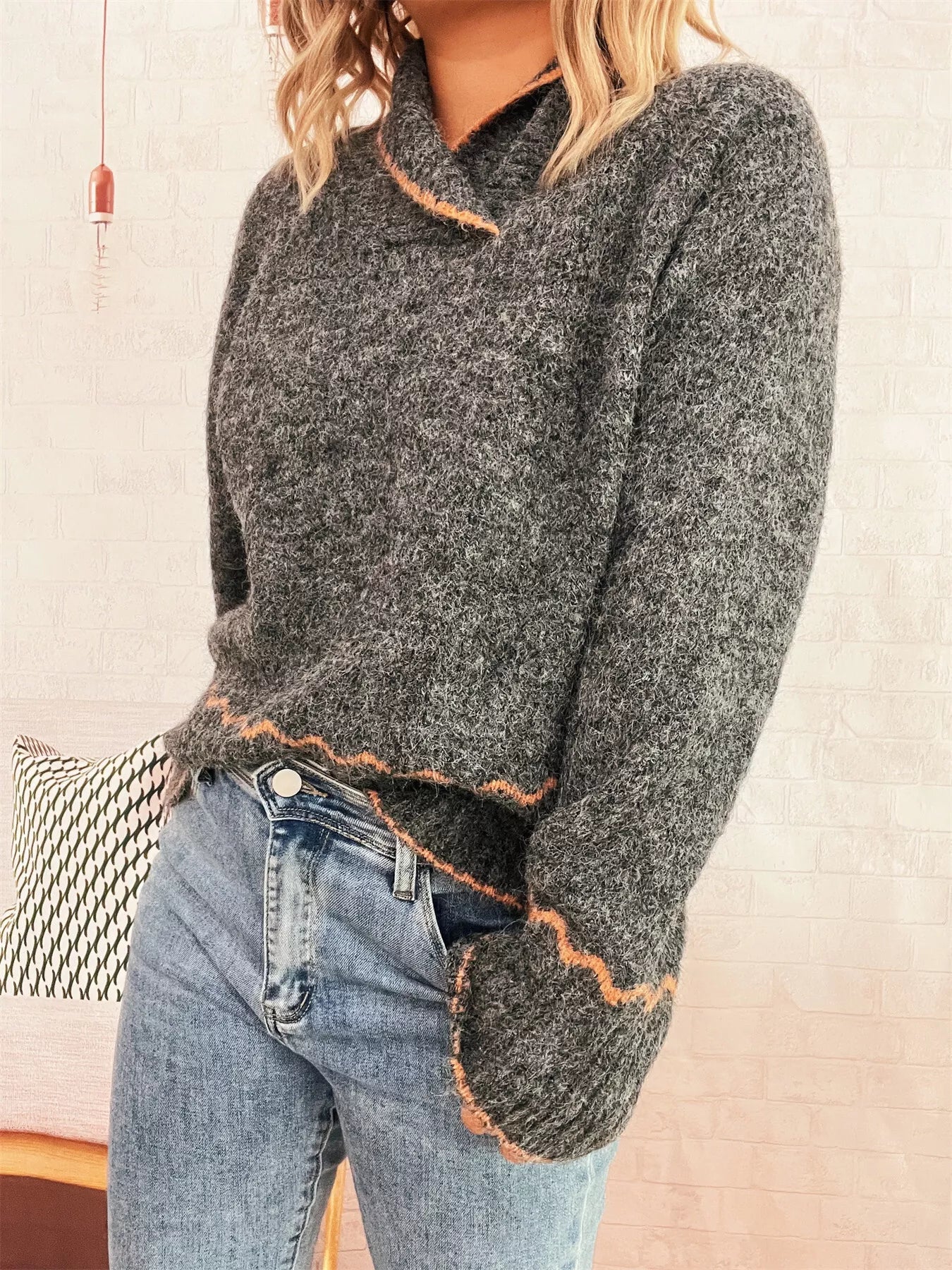 Ribbed Contrast Trim Long Sleeve Sweater OutfitFlow