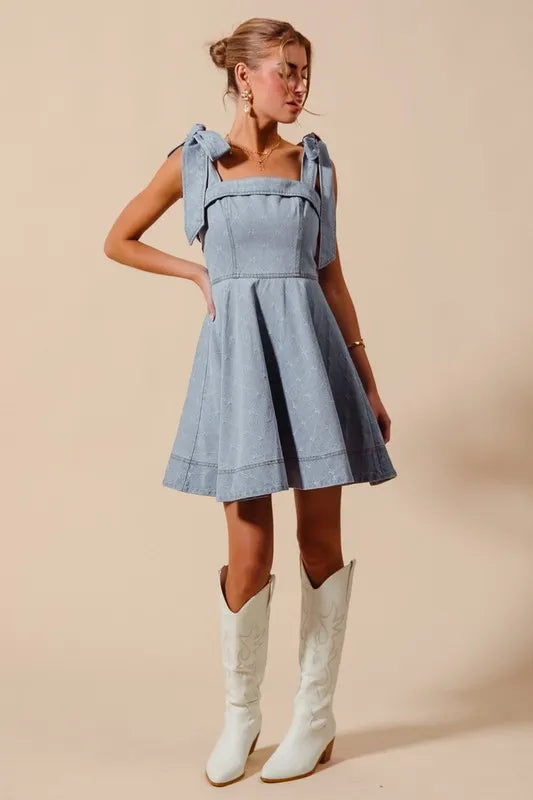 SO ME A Line Fit and Flare Diamond Bow Ribbon Denim Dres OutfitFlow
