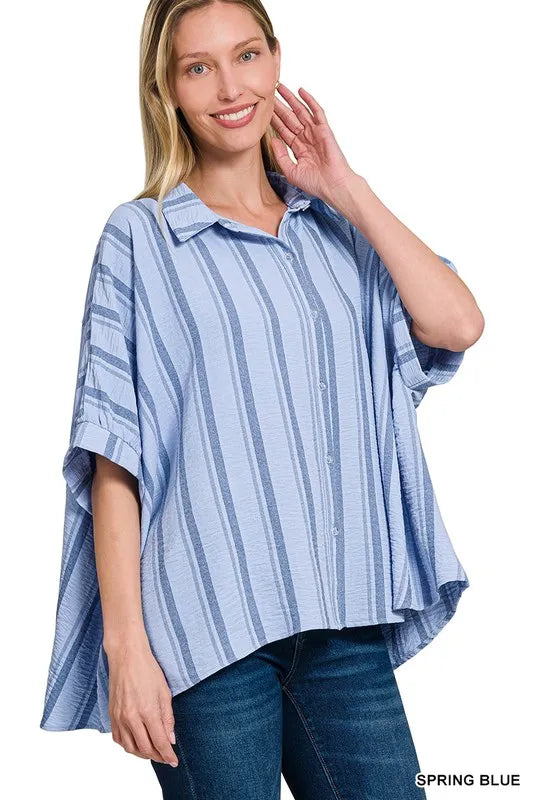 Zenana Woven Yarn-Dye Stripe Oversized Button Down Shirt OutfitFlow