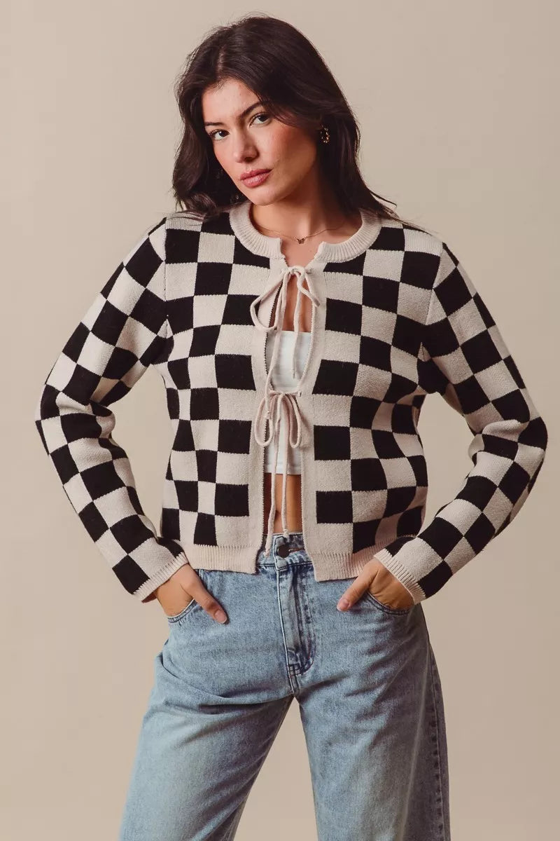 SO ME Tie Front Checkered Knitted Round Neck Cardigan Trendsi