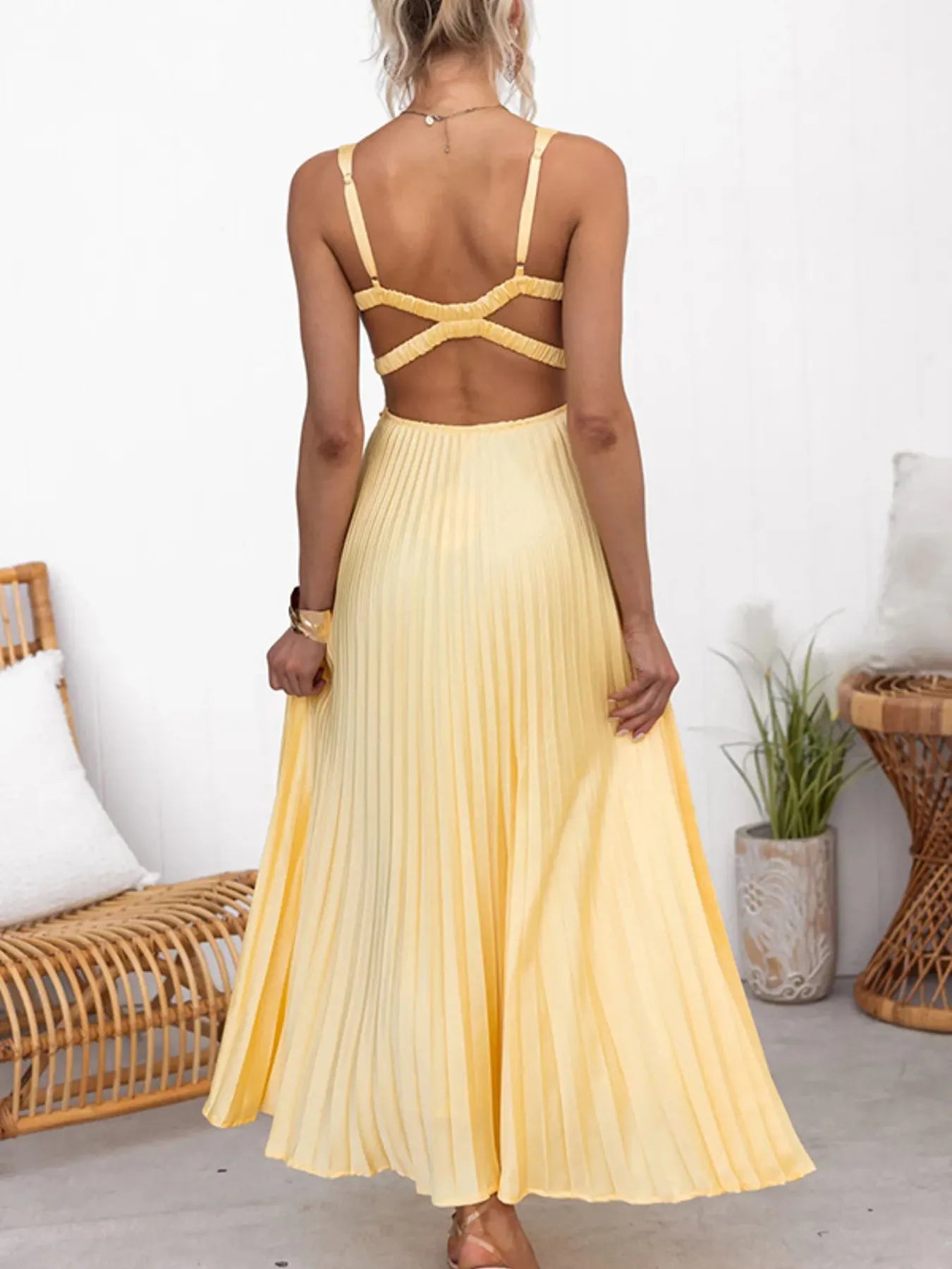 Pleated V-Neck Sleeveless Maxi Dress OutfitFlow