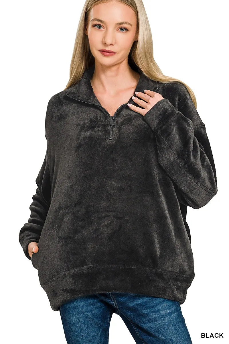 Zenana Faux Fur Half Zip Pocket Pullover BLACK OutfitFlow