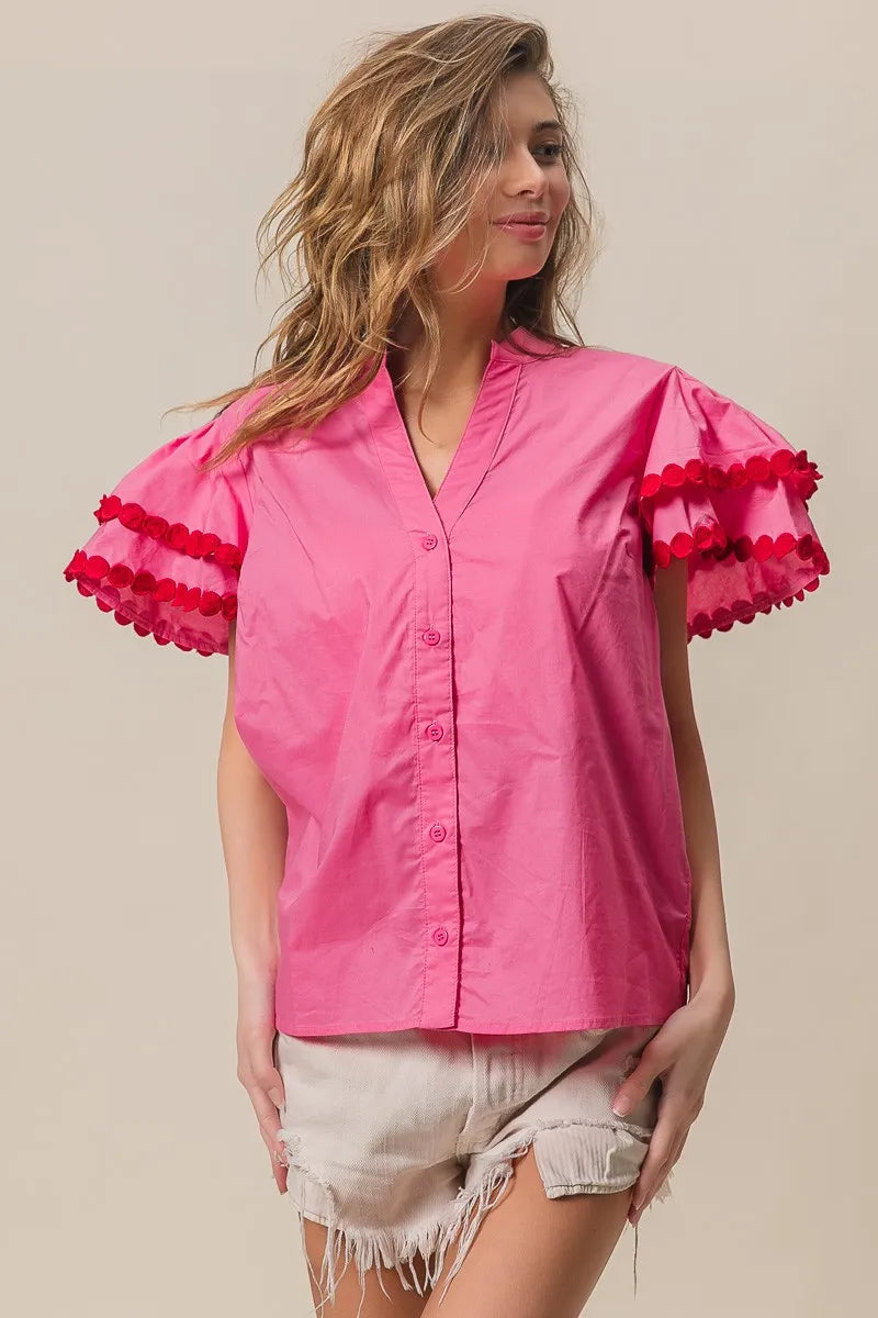 BiBi Dot Trim Flutter Sleeve Notched Top OutfitFlow