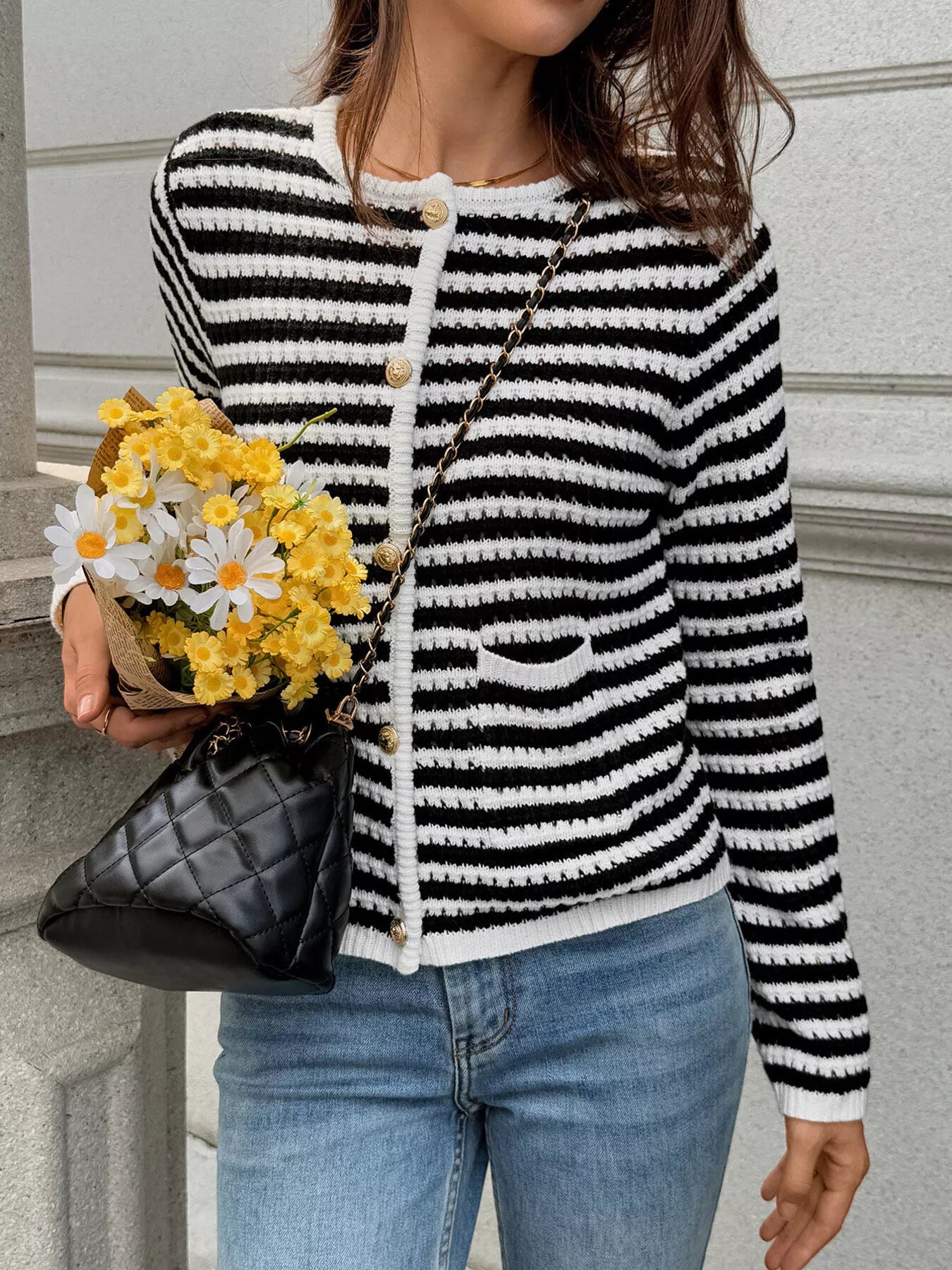 Striped Knit Cardigan with Gold Buttons OutfitFlow