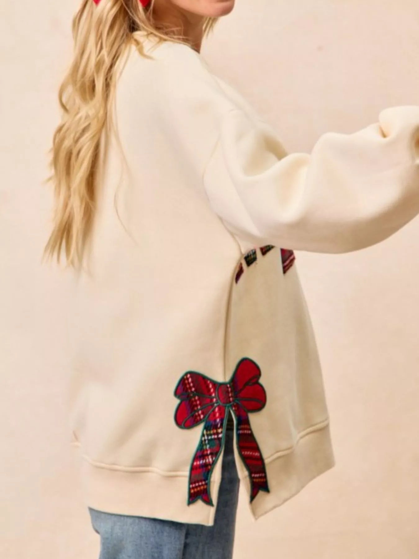 MERRY Bow Slit Crew Neck Christmas Sweatshirt OutfitFlow