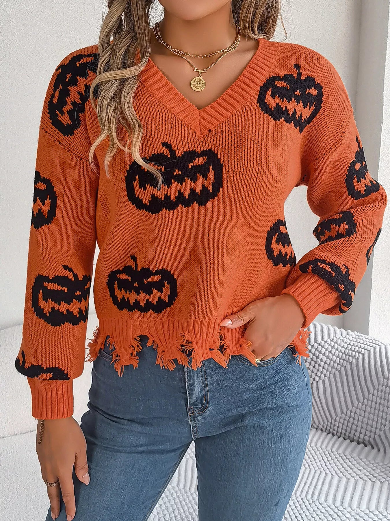 Halloween Pumpkin Pattern Raw Hem V-Neck Sweater OutfitFlow