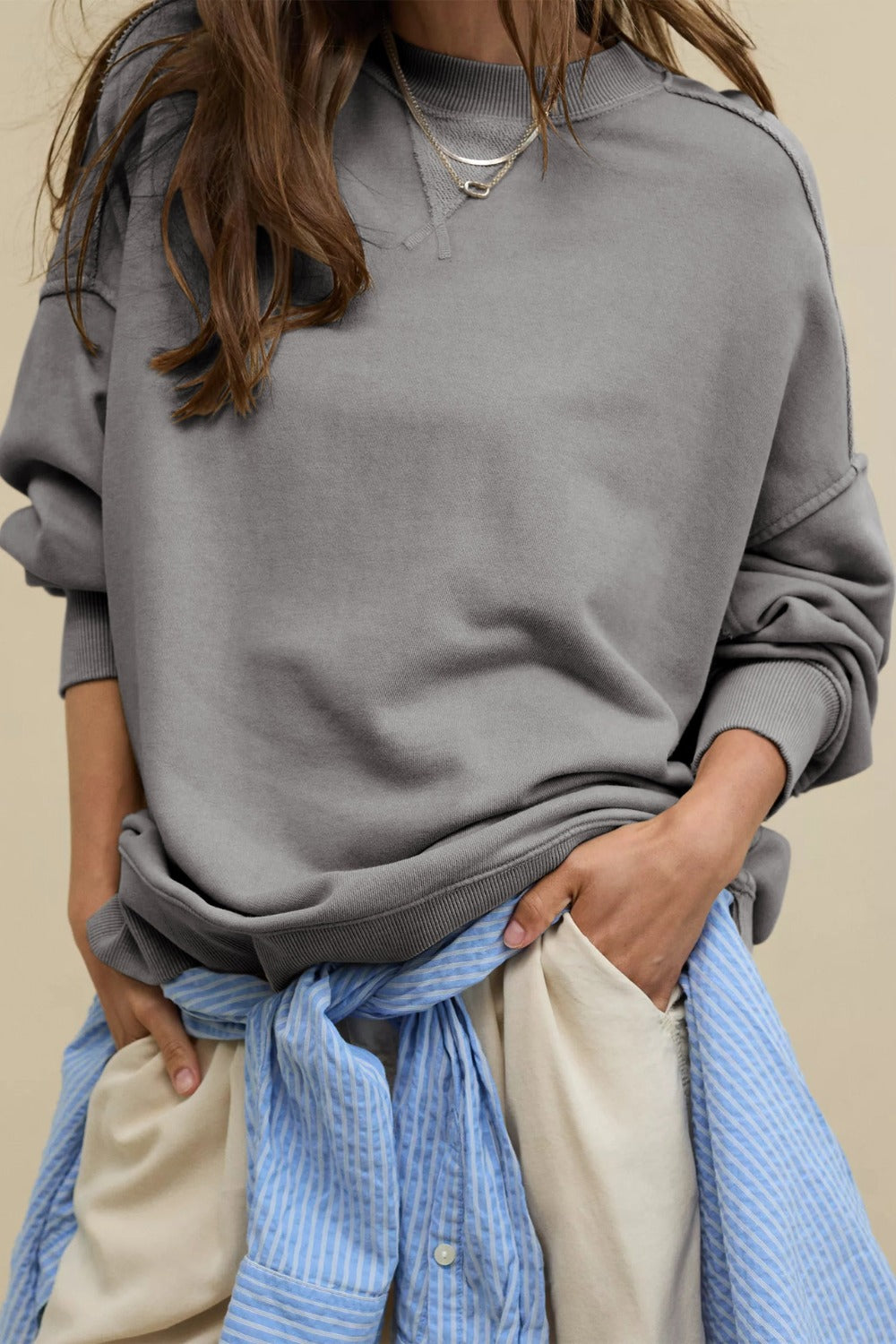 Outfit Flow - Side Slit Round Neck Long Sleeve Sweatshirt