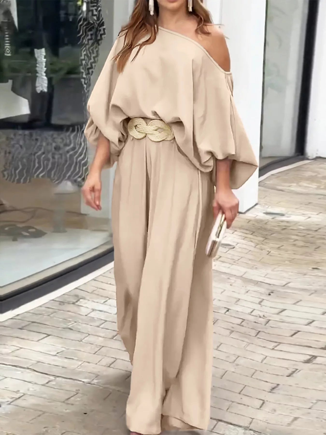 Plus Size One-Shoulder Top and Wide Leg Pants Set OutfitFlow