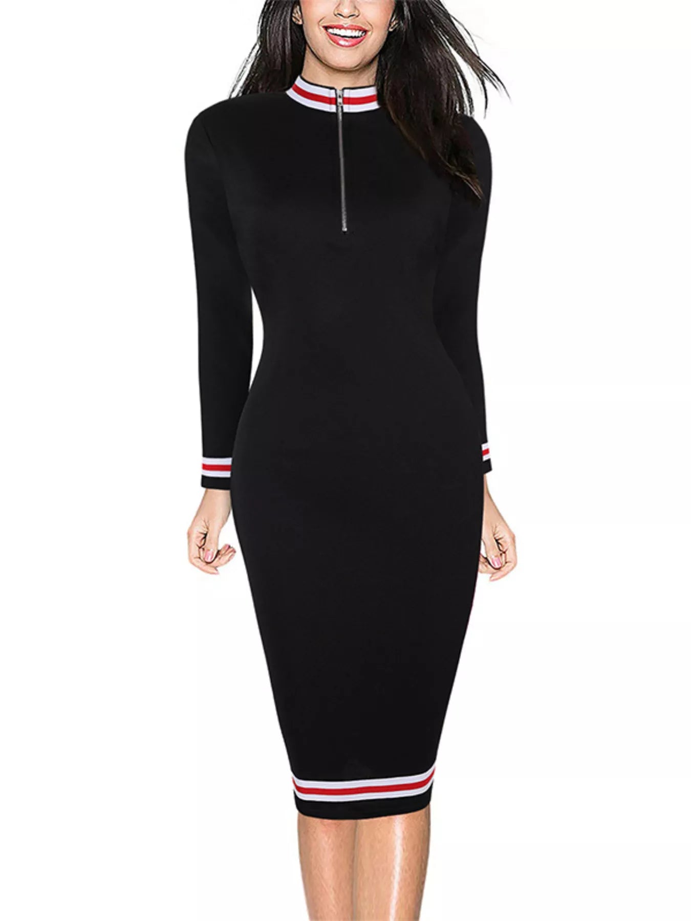 Striped Long Sleeve Bodycon Midi Dress OutfitFlow