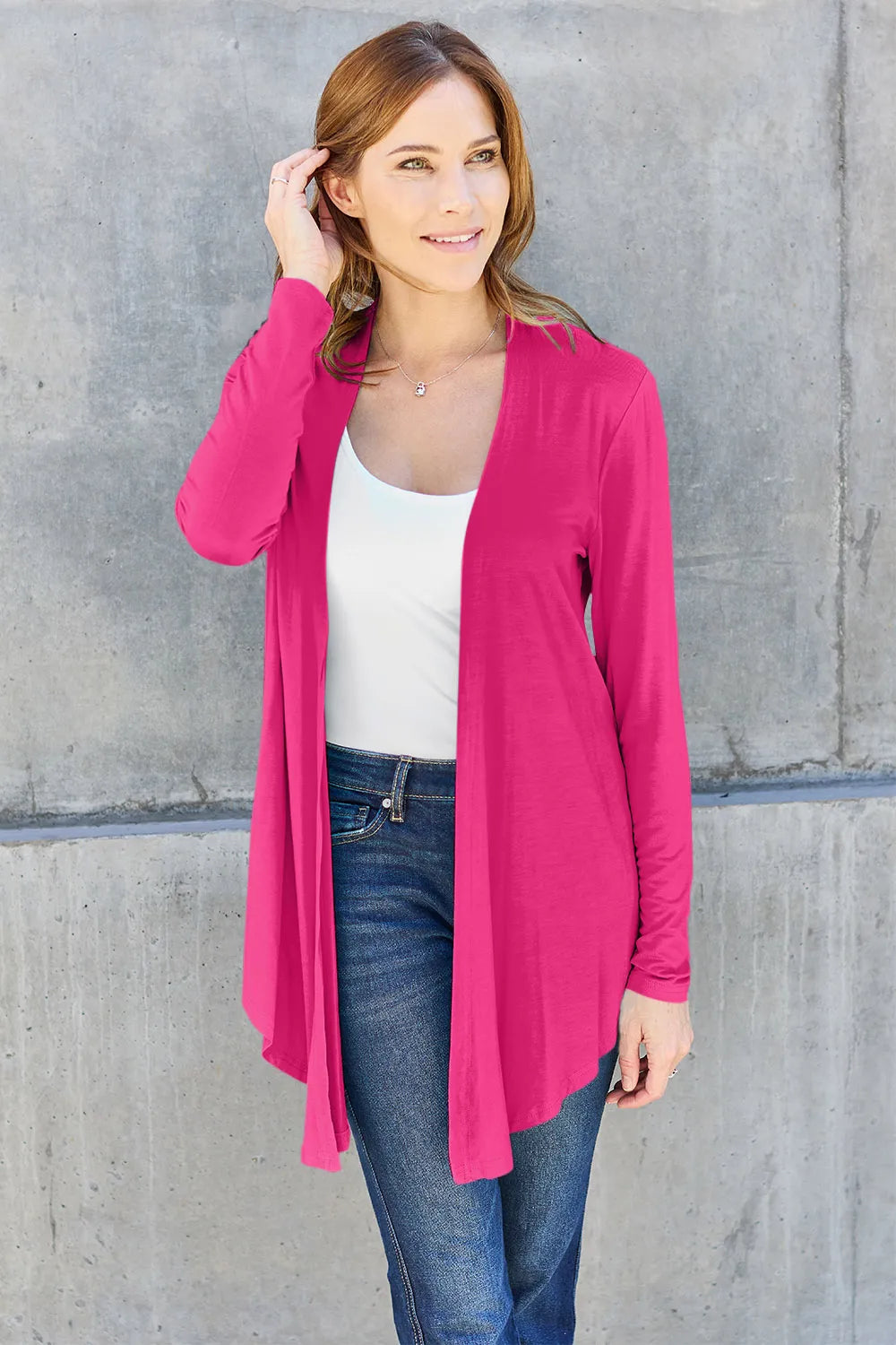Basic Bae Full Size Open Front Long Sleeve Cardigan Hot Pink OutfitFlow