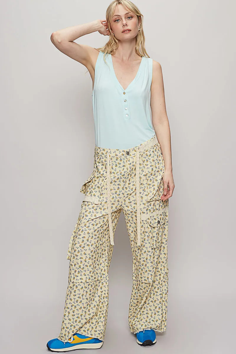 POL Floral Cargo Wide Leg Pants with Lace Drawstring OutfitFlow