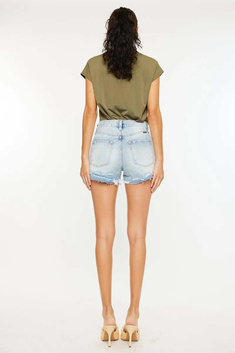Kancan High Rise Raw Hem Denim Shorts OutfitFlow