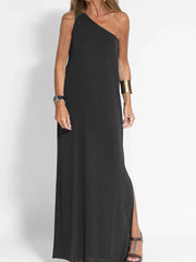 One-Shoulder Maxi Dress with Side Slit Black OutfitFlow