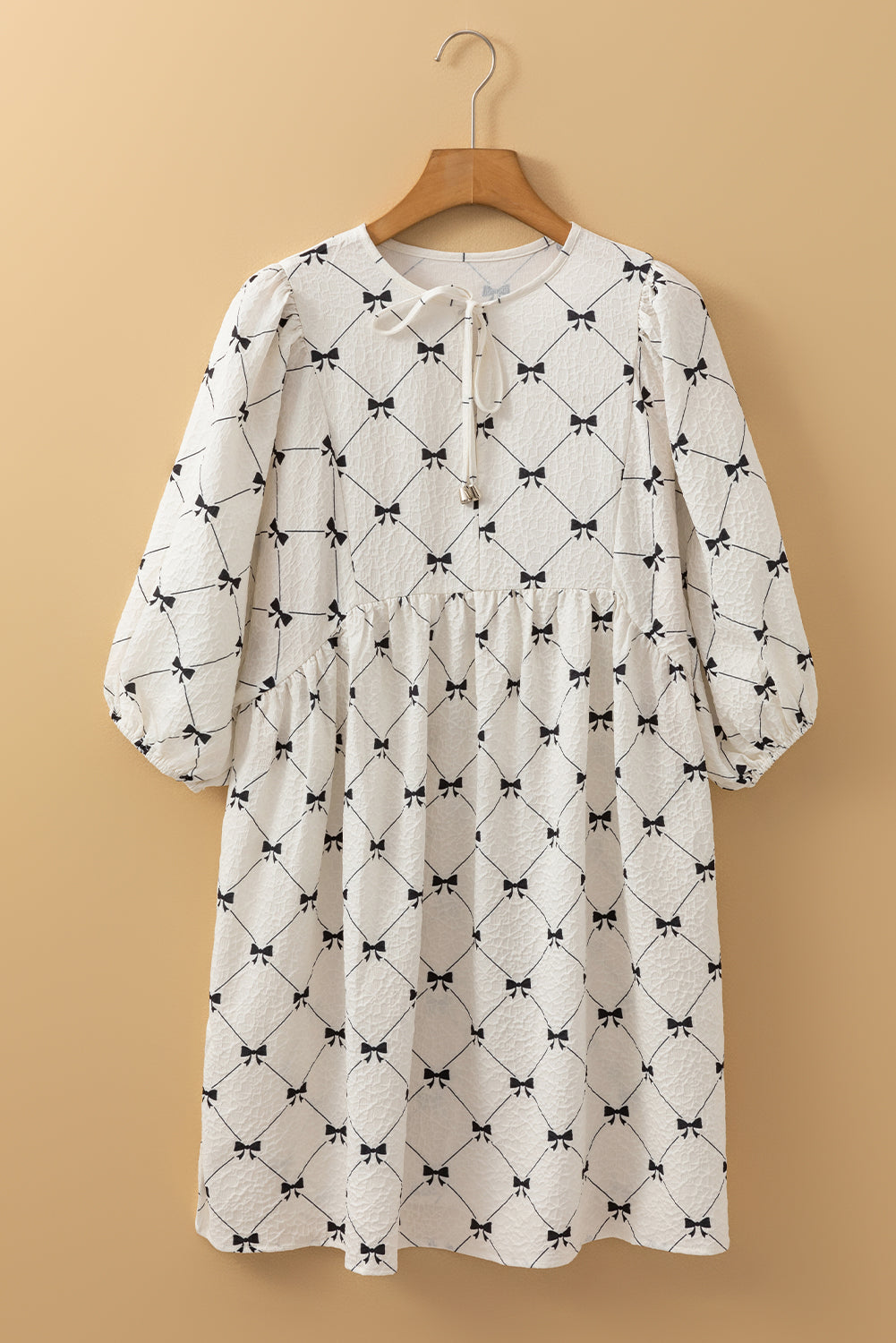 Bow Print Tie Neck Half Sleeve Dress OutfitFlow