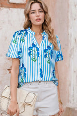 Stripe Floral Notched Neck Puff Sleeve Summer Blouse OutfitFlow