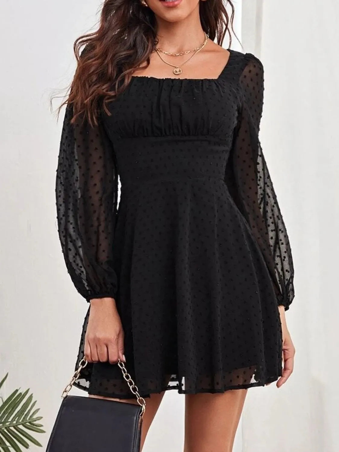 Swiss Dot Long Sleeve Mini Dress Black OutfitFlow
