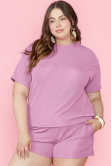 Outfit Flow - Plus Size Round Neck Short Sleeve Top and Shorts Set