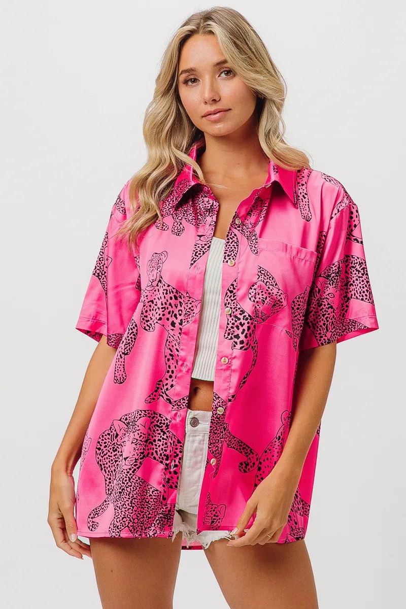 BiBi Leopard Print Short Sleeve Silky Satin Shirt Top OutfitFlow