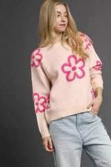 Umgee Round Neck Sweater with Pink Floral Accents OutfitFlow