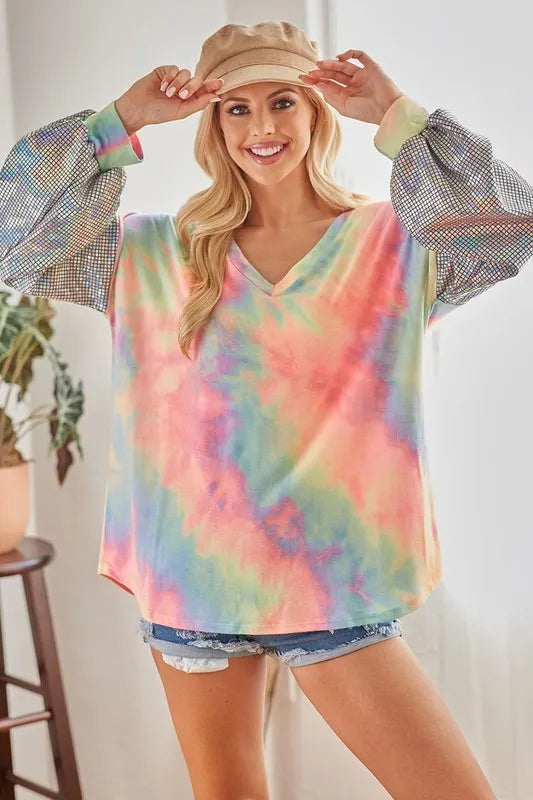 BiBi V Neck Tie Dye French Terry Top with Shiny Trendsi