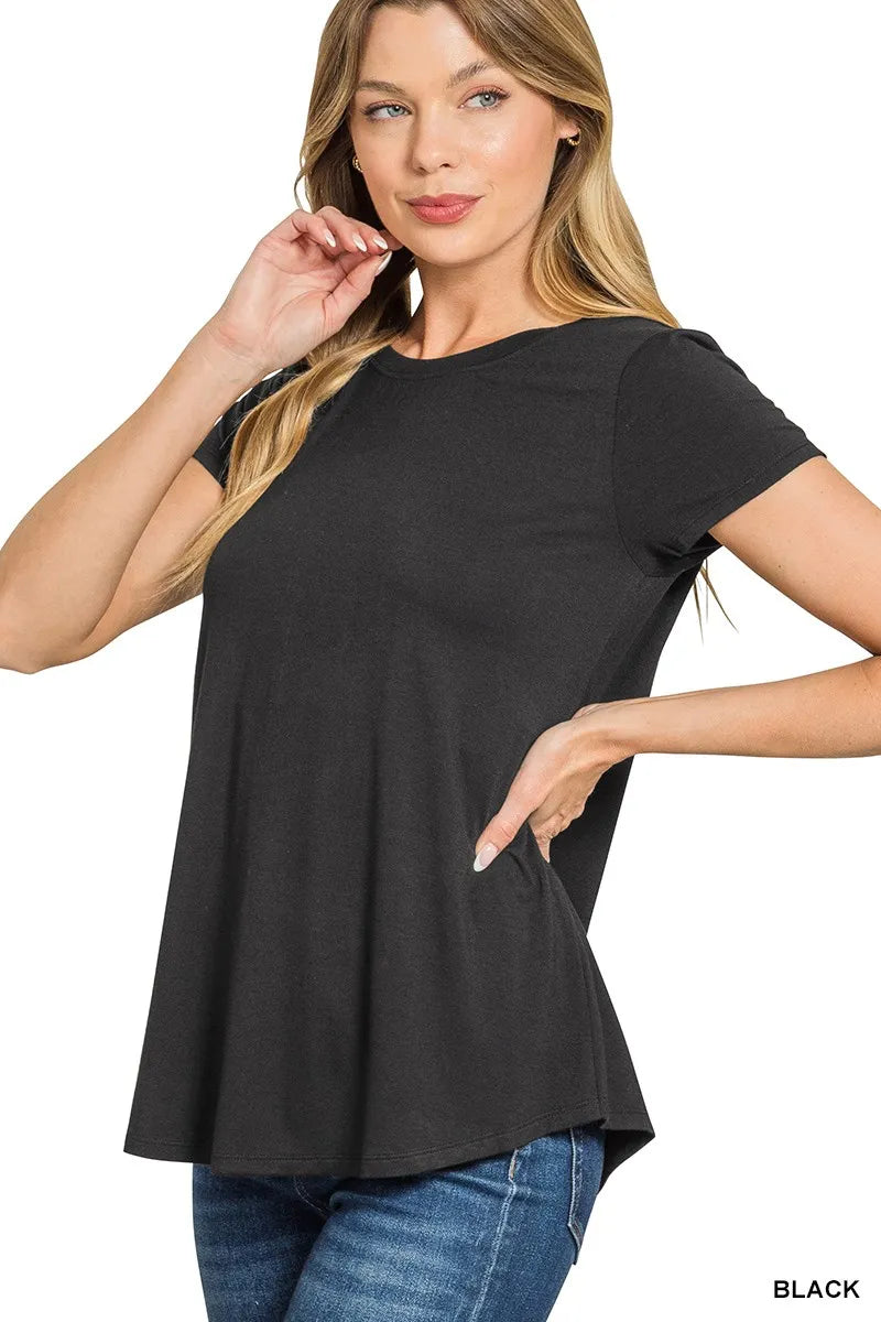 Zenana Flowy Round Hem Rayon Short Sleeve T-Shirt Trendsi