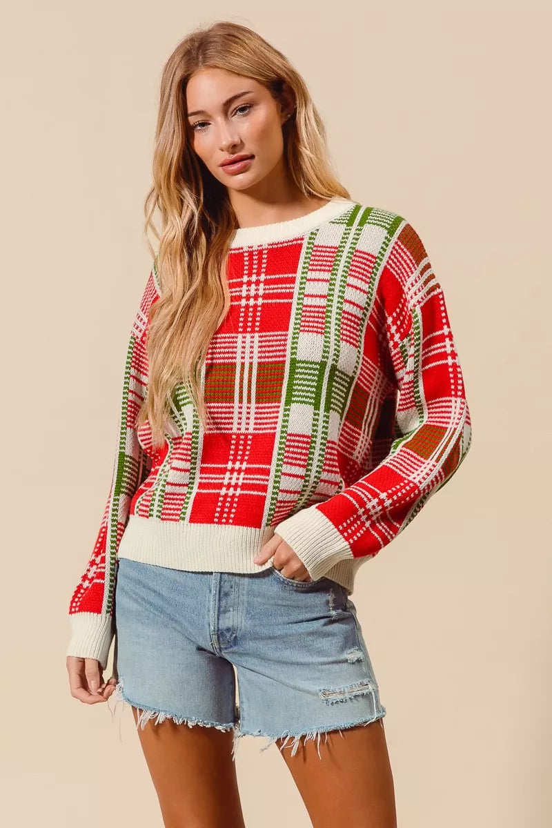 SO ME Christmas Color Checkered Plaid Crew Neck Sweater Trendsi