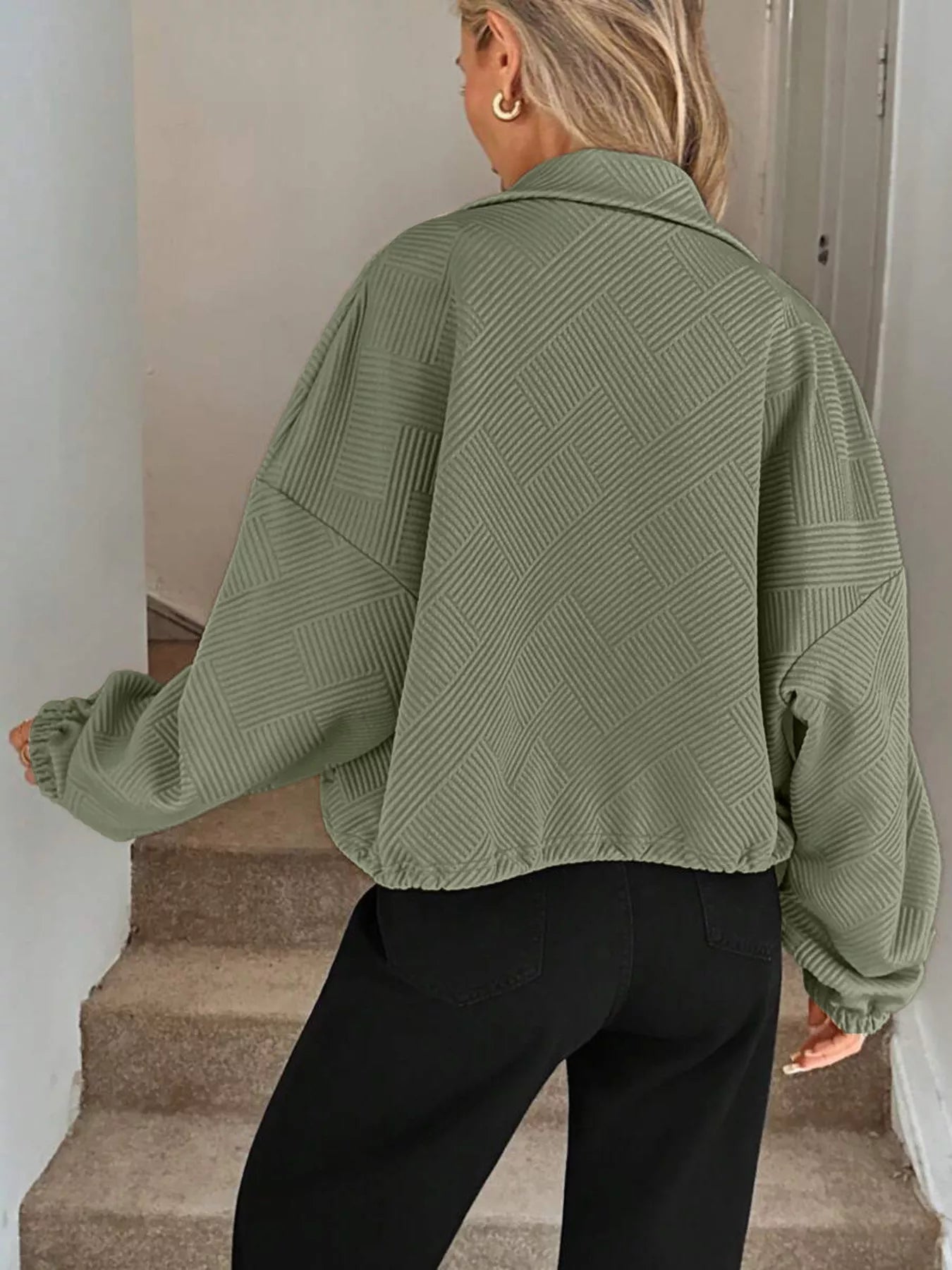 Drawstring Hem Textured Long Sleeve Jacket OutfitFlow
