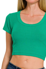 Zenana Ribbed Scoop Neck Crop Short Sleeve Top OutfitFlow