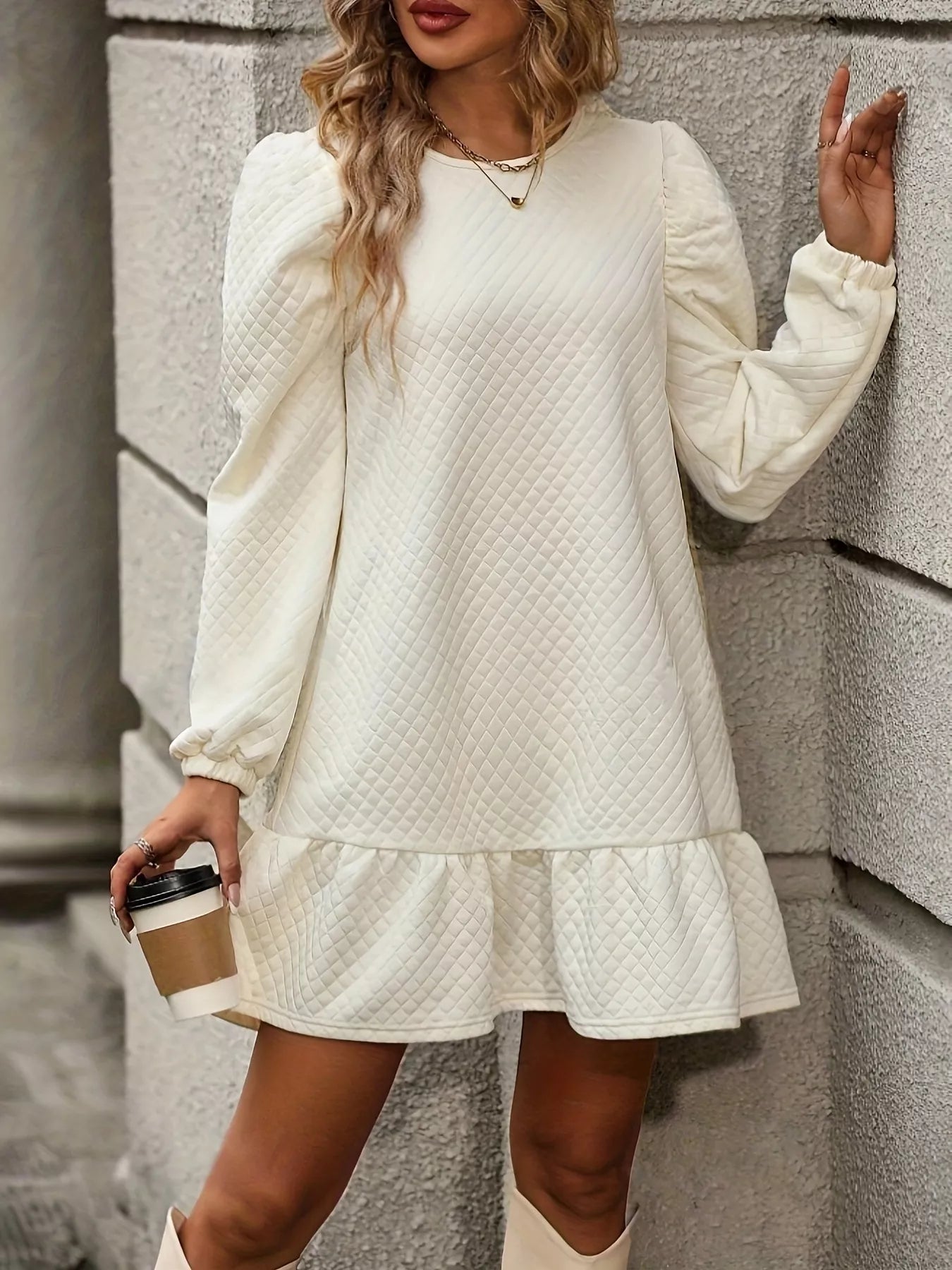 Puff Sleeve Ruffle Hem Mini Dress Apricot OutfitFlow