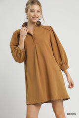 Umgee French Terry Balloon Sleeve Shift Dress with Leopard Print Detail Brown Trendsi