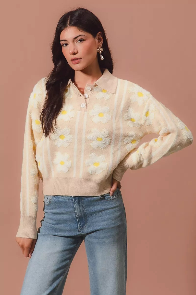 SO ME Floral Stripe Polo Collar Sweater OutfitFlow