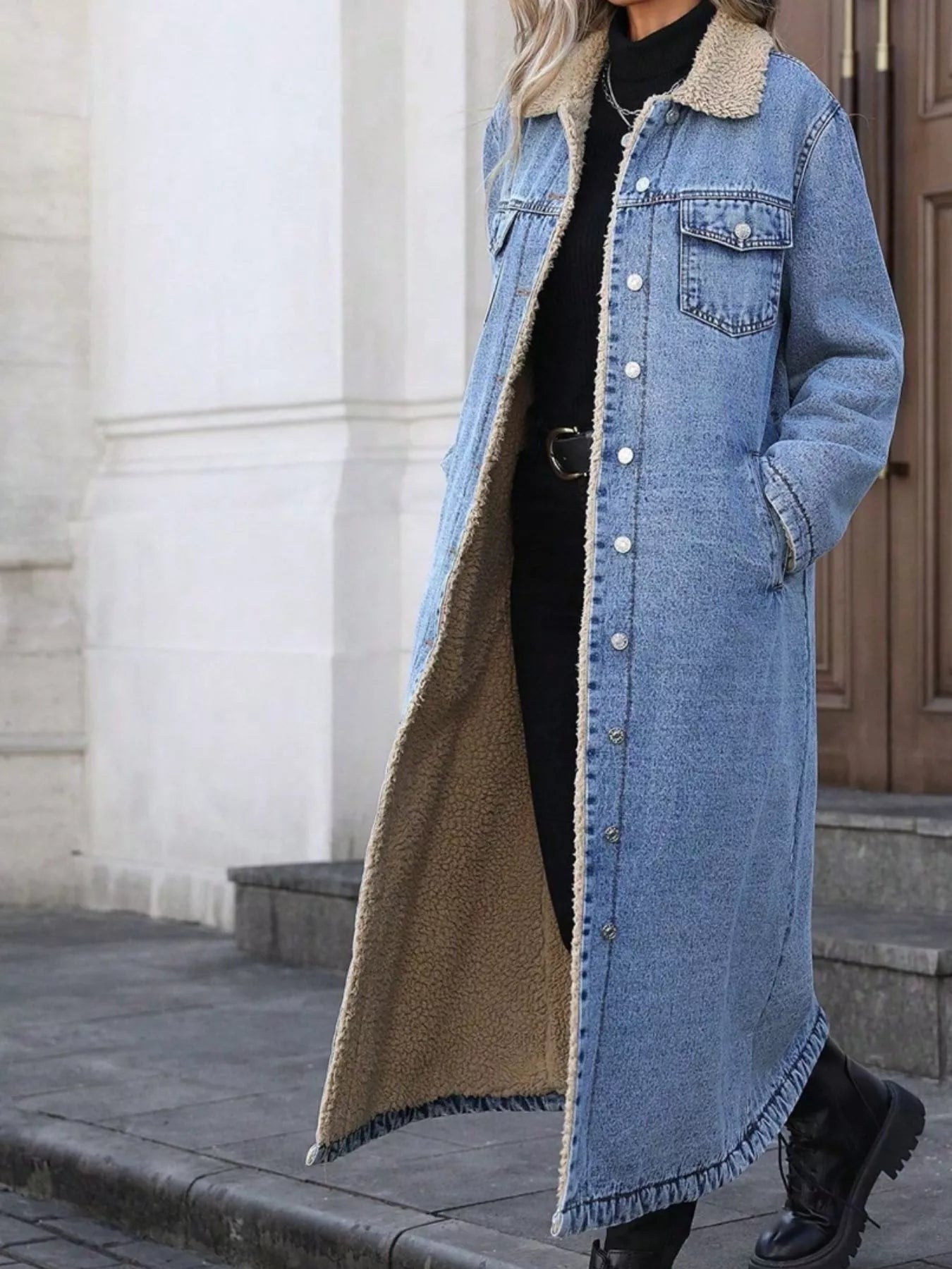 Sherpa Lined Longline Denim Jacket OutfitFlow