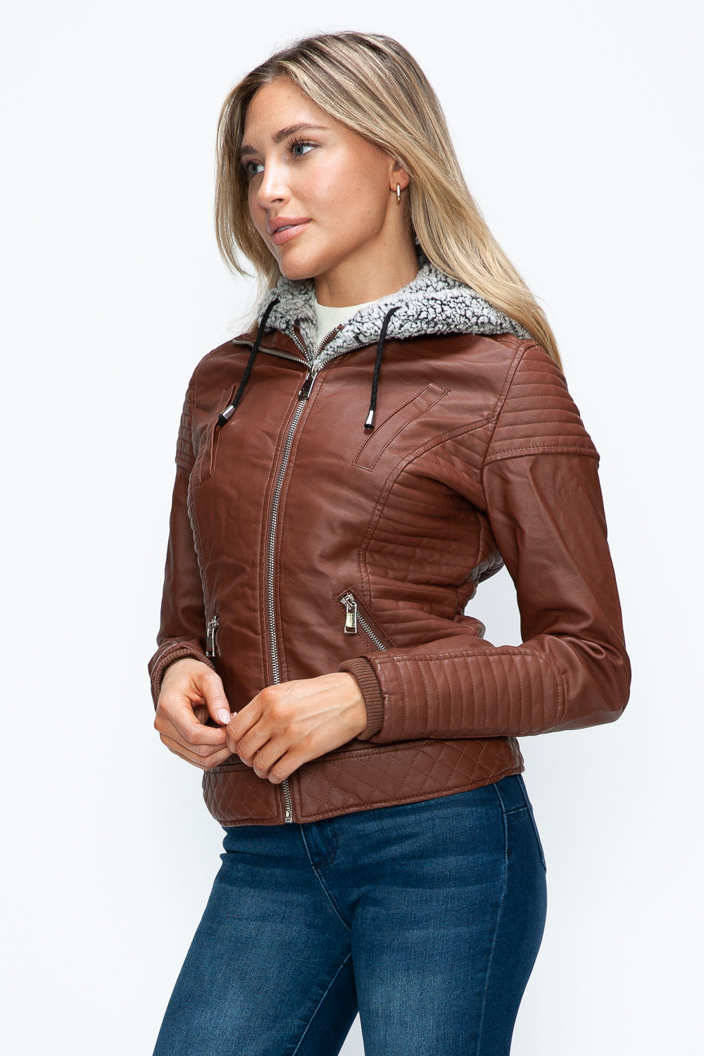 Outfit Flow - YMI Faux Layered Double-Zipper Jacket with Fuzzy Hood