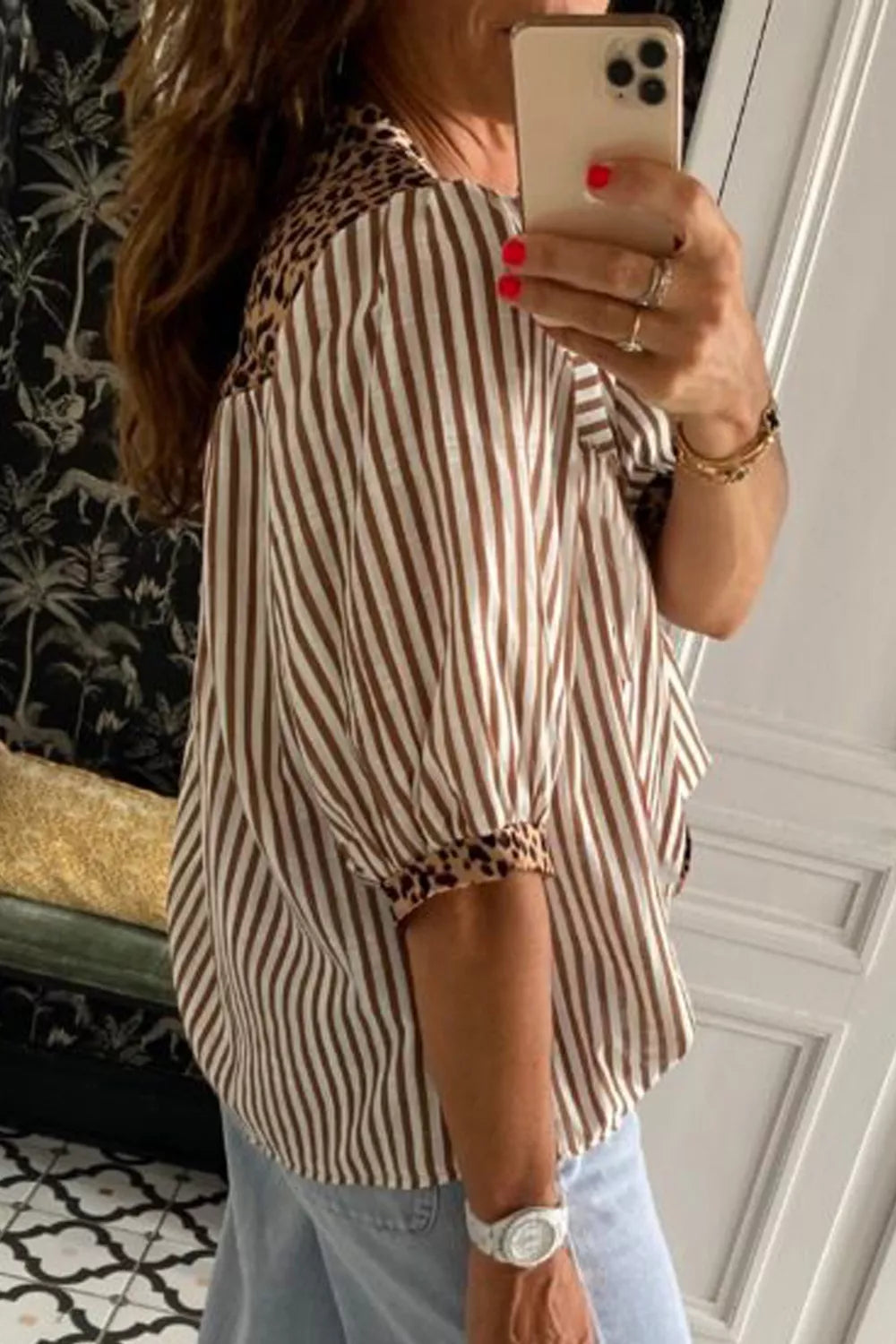 Striped Leopard Trim Button-Down Shirt OutfitFlow