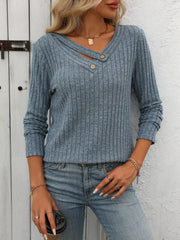 Ribbed Knit Long Sleeve Button Detail T-Shirt OutfitFlow