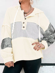 Waffle Knit Striped Drawstring Hoodie Cream OutfitFlow