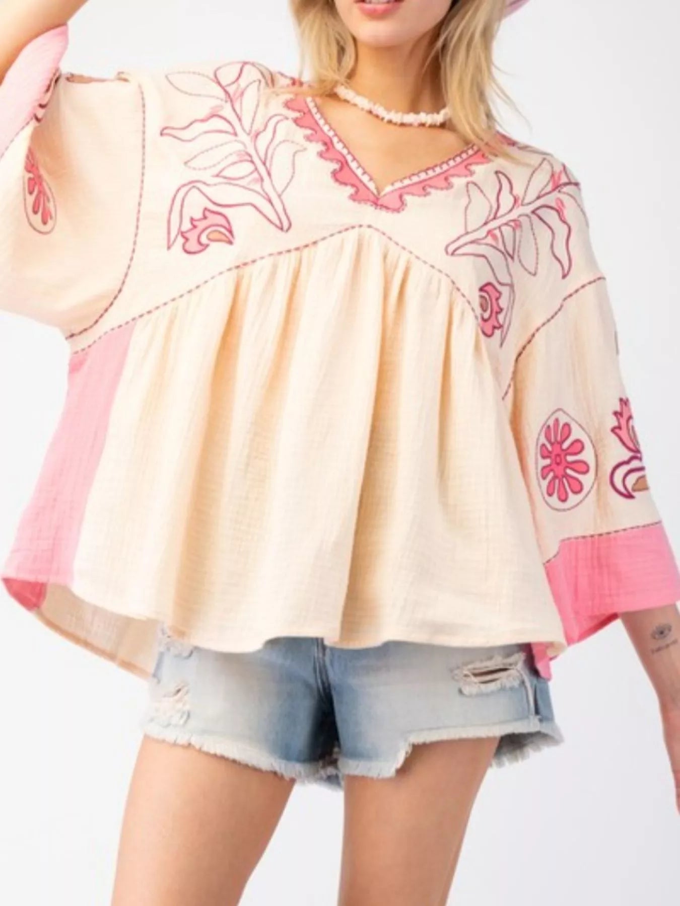 Printed V-Neck Top with Contrast Trim Details Apricot Powder OutfitFlow