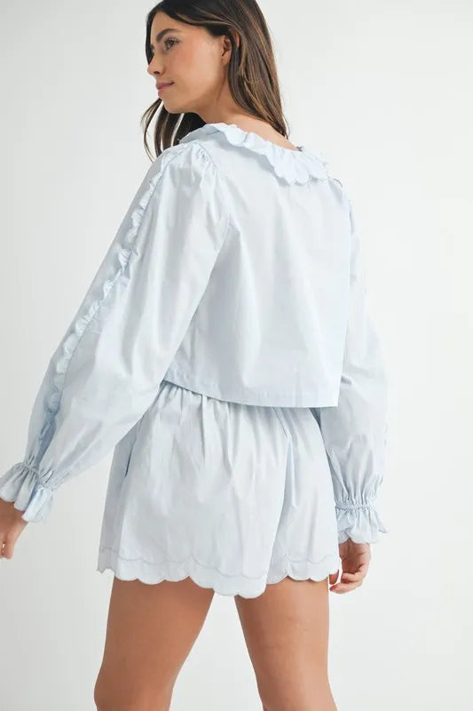 MABLE Long Sleeve Scallop Blouse and Shorts Set OutfitFlow
