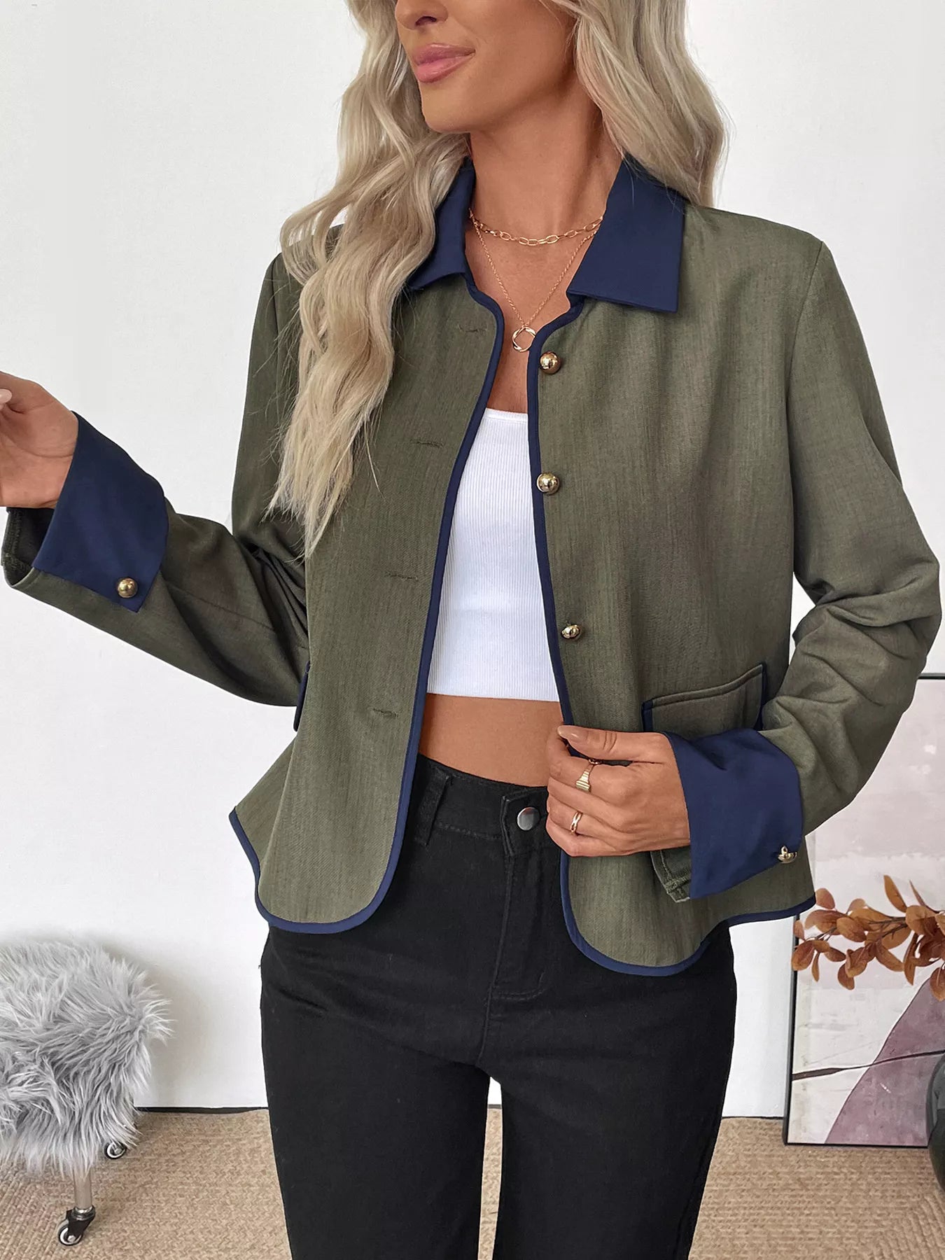 Contrast Trim Button-Up Jacket Trendsi